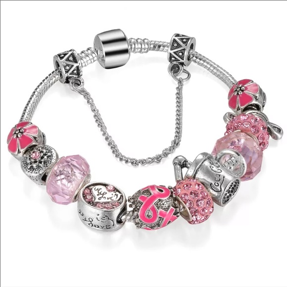 Jewelry - Silver-Tone Pink Charm Beaded Bracelet for Women for Cancer Awareness